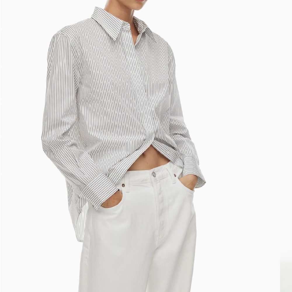 Babaton White and Gray Striped Casual Button Down Shirt